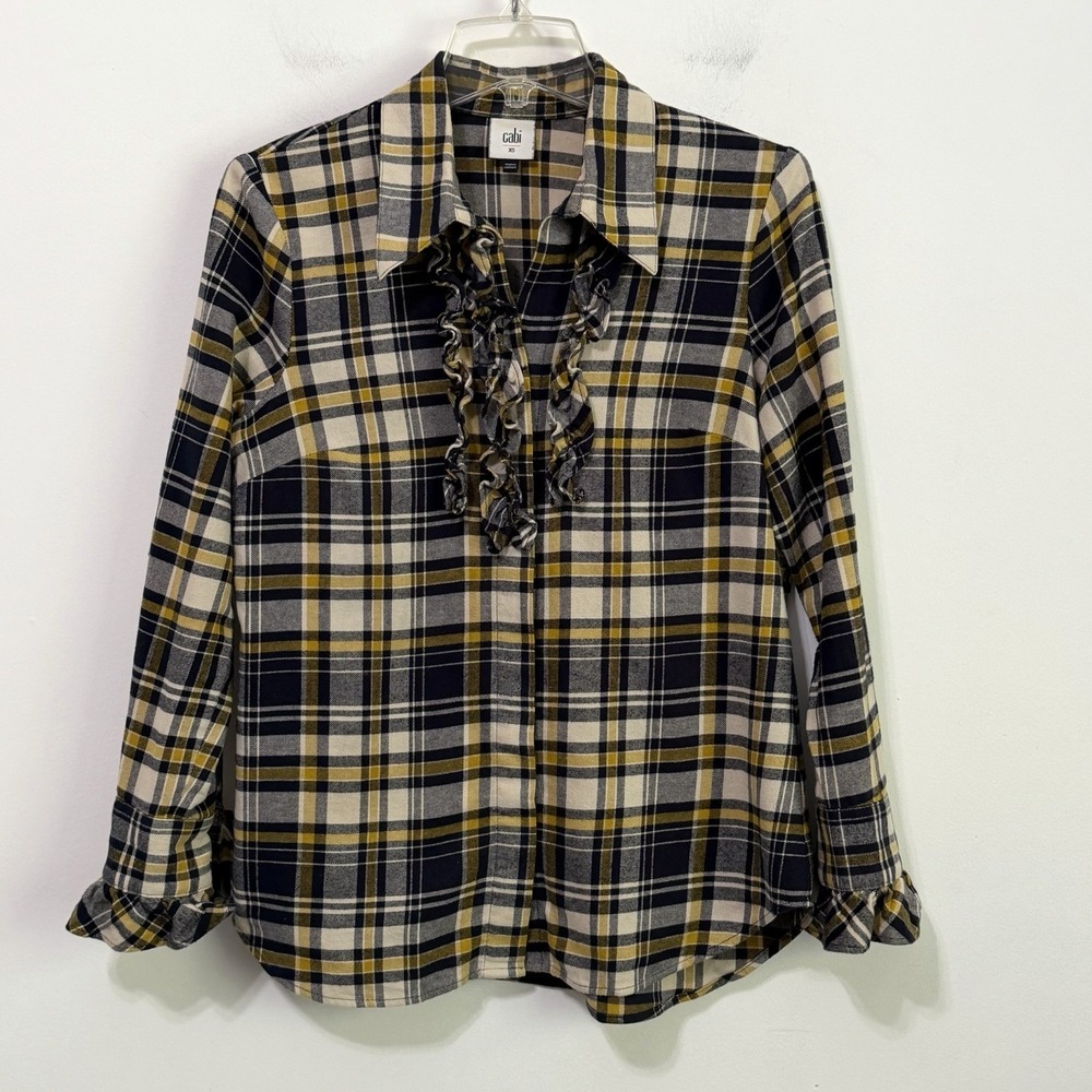 CABI Seattle Plaid Flannel Button Up Blouse Shirt Navy Yellow XS #4233 Ruffle